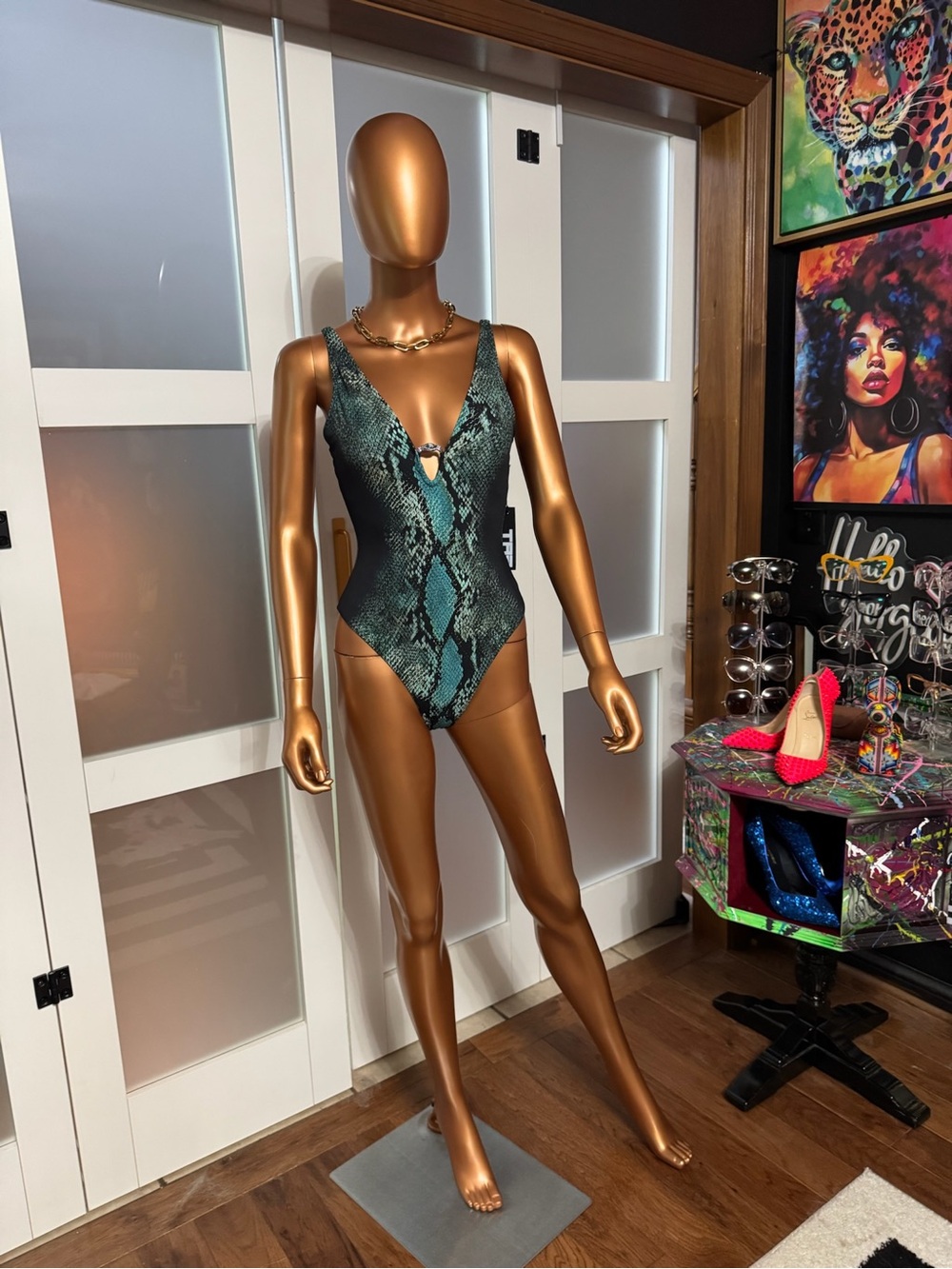 TA3 Green Snake-Print One Piece Swimsuit